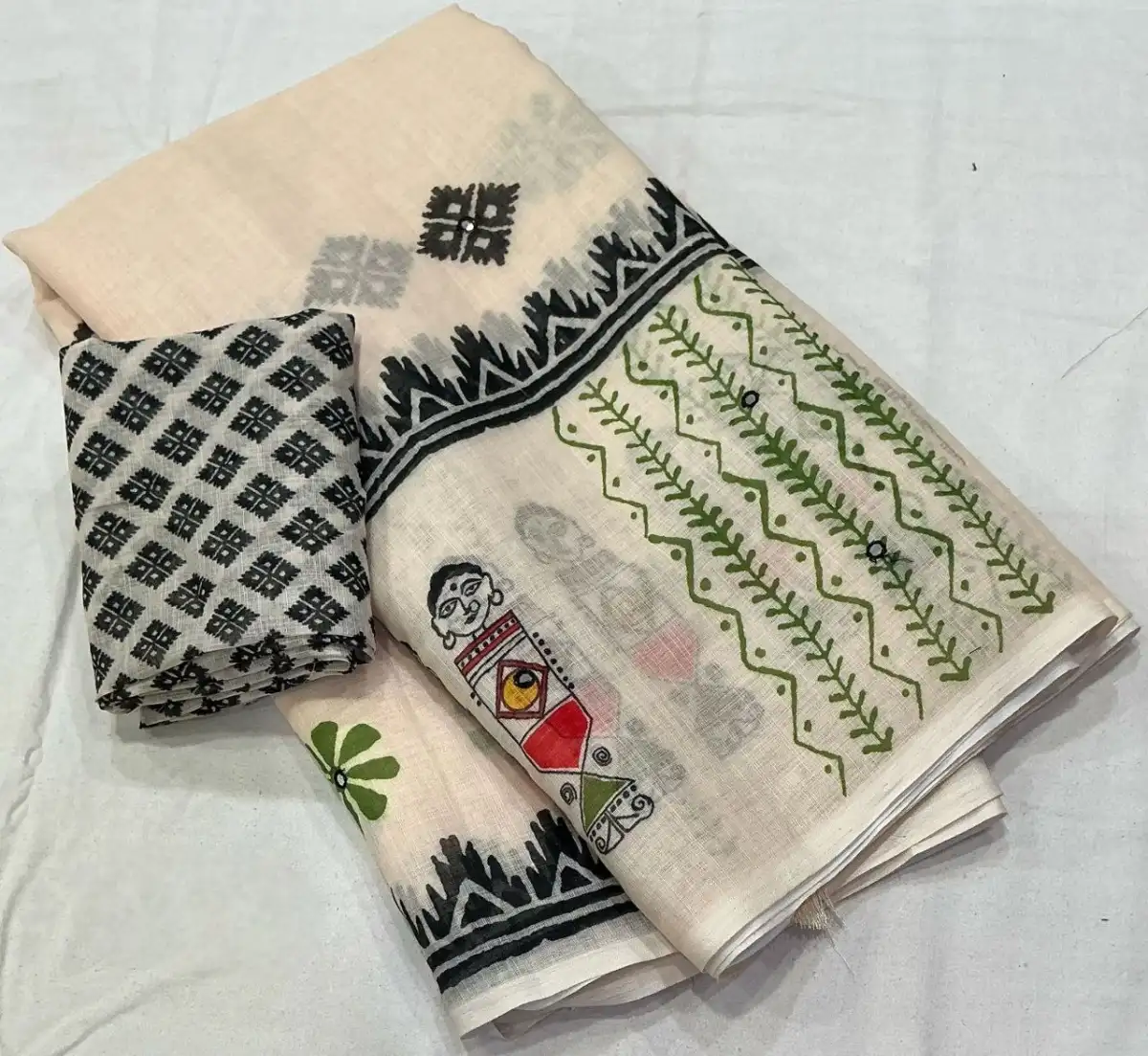 Linen Worli Printed Saree - Off White